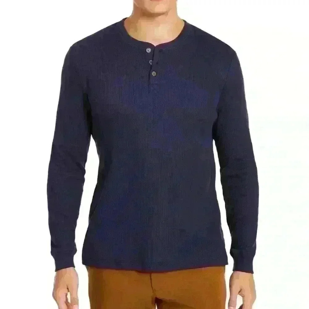 Club Room Men's Thermal Henley Shirt Navy Blue Size M Crewneck three button